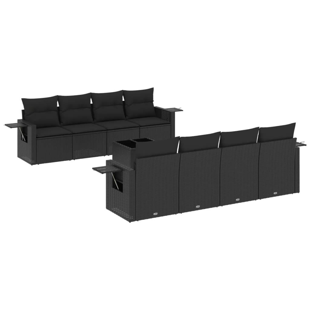 vidaXL 9-tlg. Garten-Sofagarnitur mit Kissen Schwarz Poly Rattan