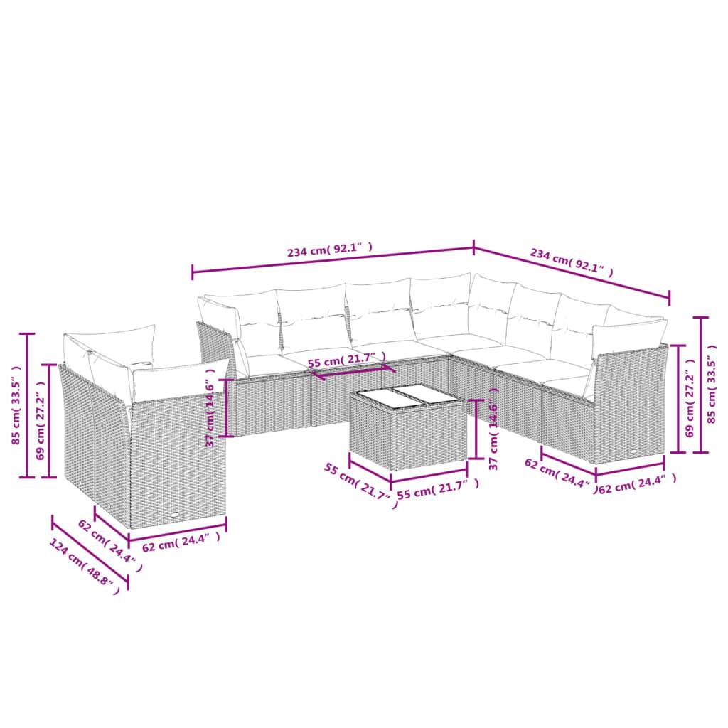 vidaXL 10-tlg. Garten-Sofagarnitur mit Kissen Braun Poly Rattan