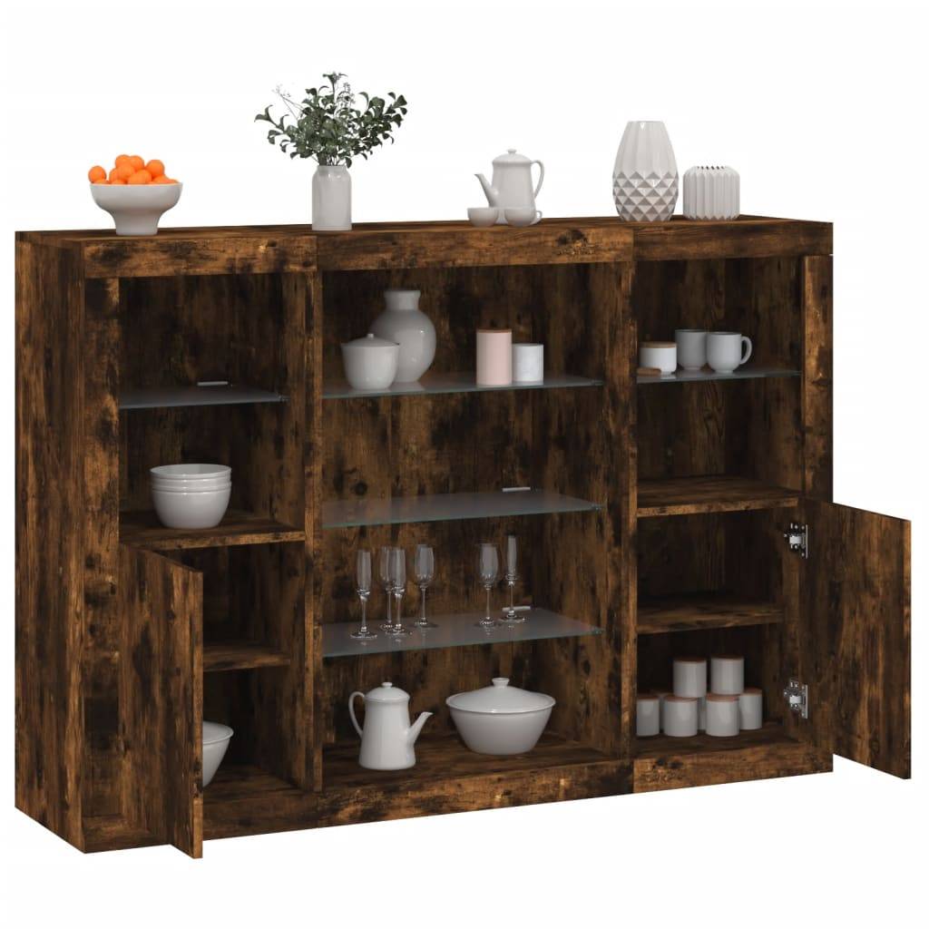 vidaXL Sideboards mit LED-Leuchten 3 Stk. Räuchereiche Holzwerkstoff
