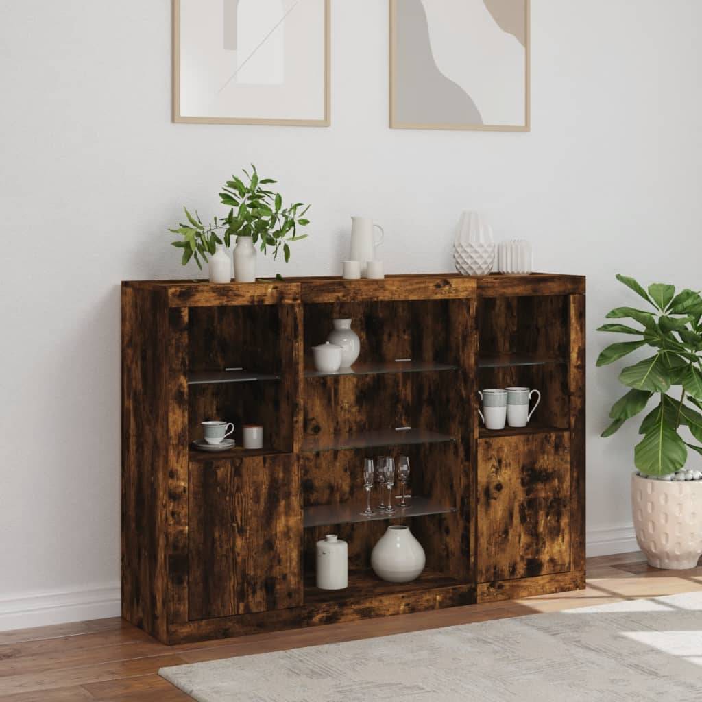 vidaXL Sideboards mit LED-Leuchten 3 Stk. Räuchereiche Holzwerkstoff
