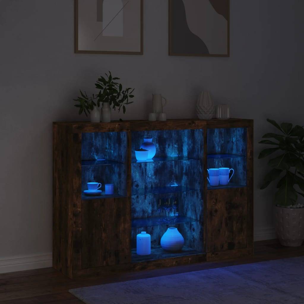 vidaXL Sideboards mit LED-Leuchten 3 Stk. Räuchereiche Holzwerkstoff