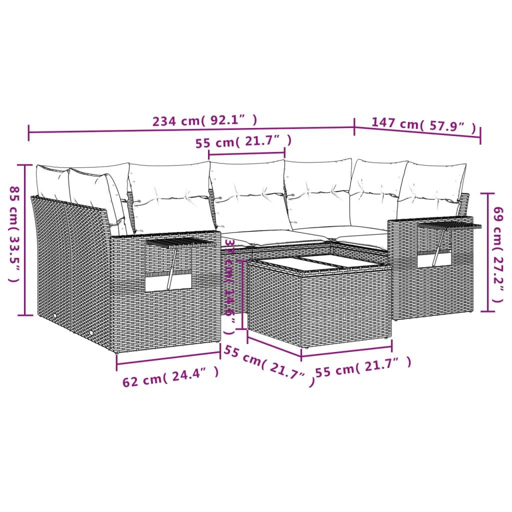 vidaXL 7-tlg. Garten-Sofagarnitur mit Kissen Beige Poly Rattan