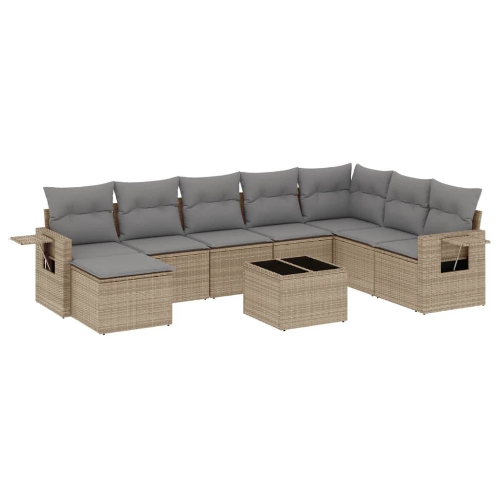 vidaXL 9-tlg. Garten-Sofagarnitur mit Kissen Beige Poly Rattan