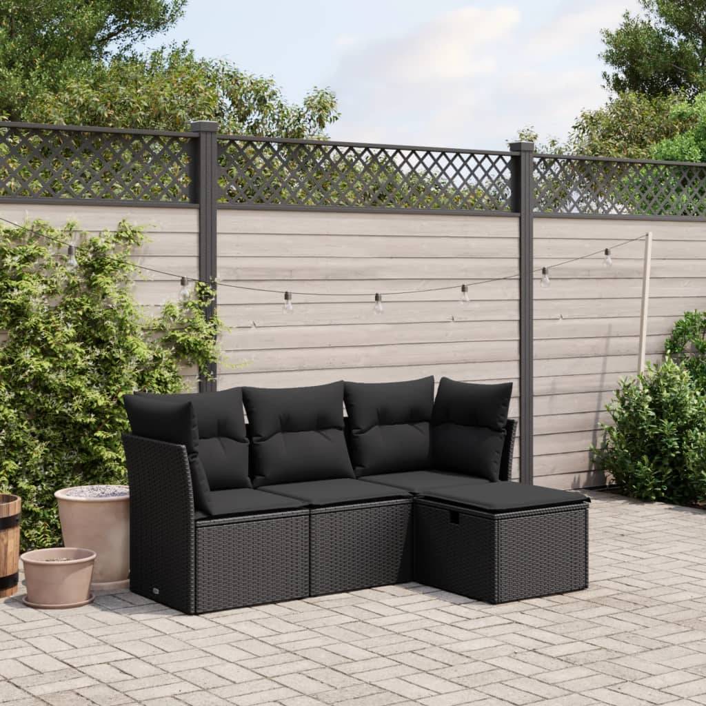 vidaXL 4-tlg. Garten-Sofagarnitur mit Kissen Schwarz Poly Rattan