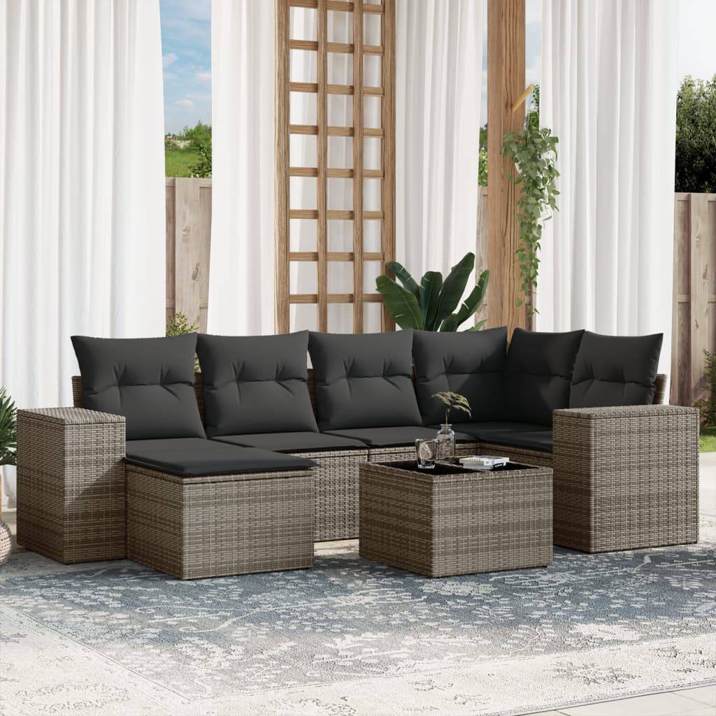 vidaXL 7-tlg. Garten-Sofagarnitur mit Kissen Grau Poly Rattan