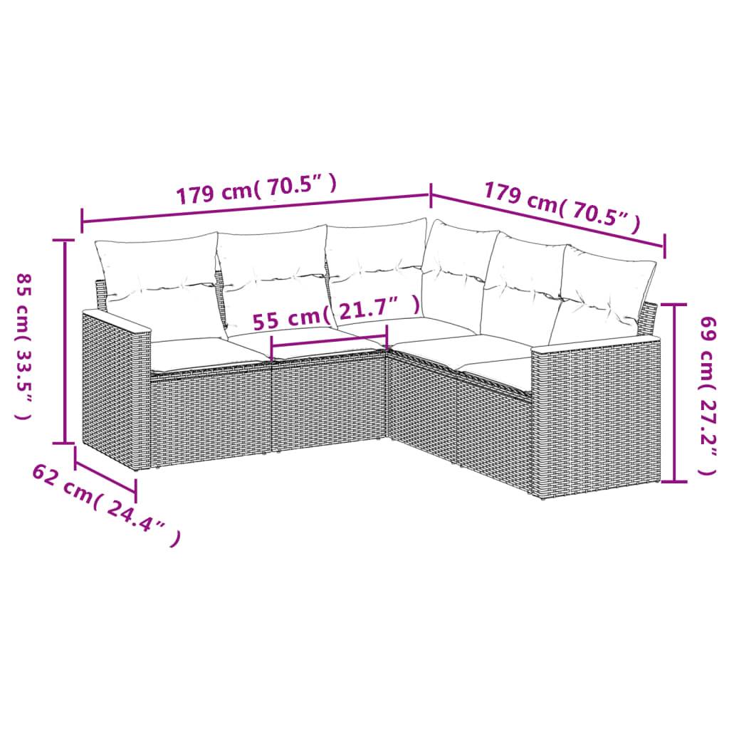 vidaXL 5-teiliges Gartensofa-Set mit Kissen, schwarzes Polyrattan