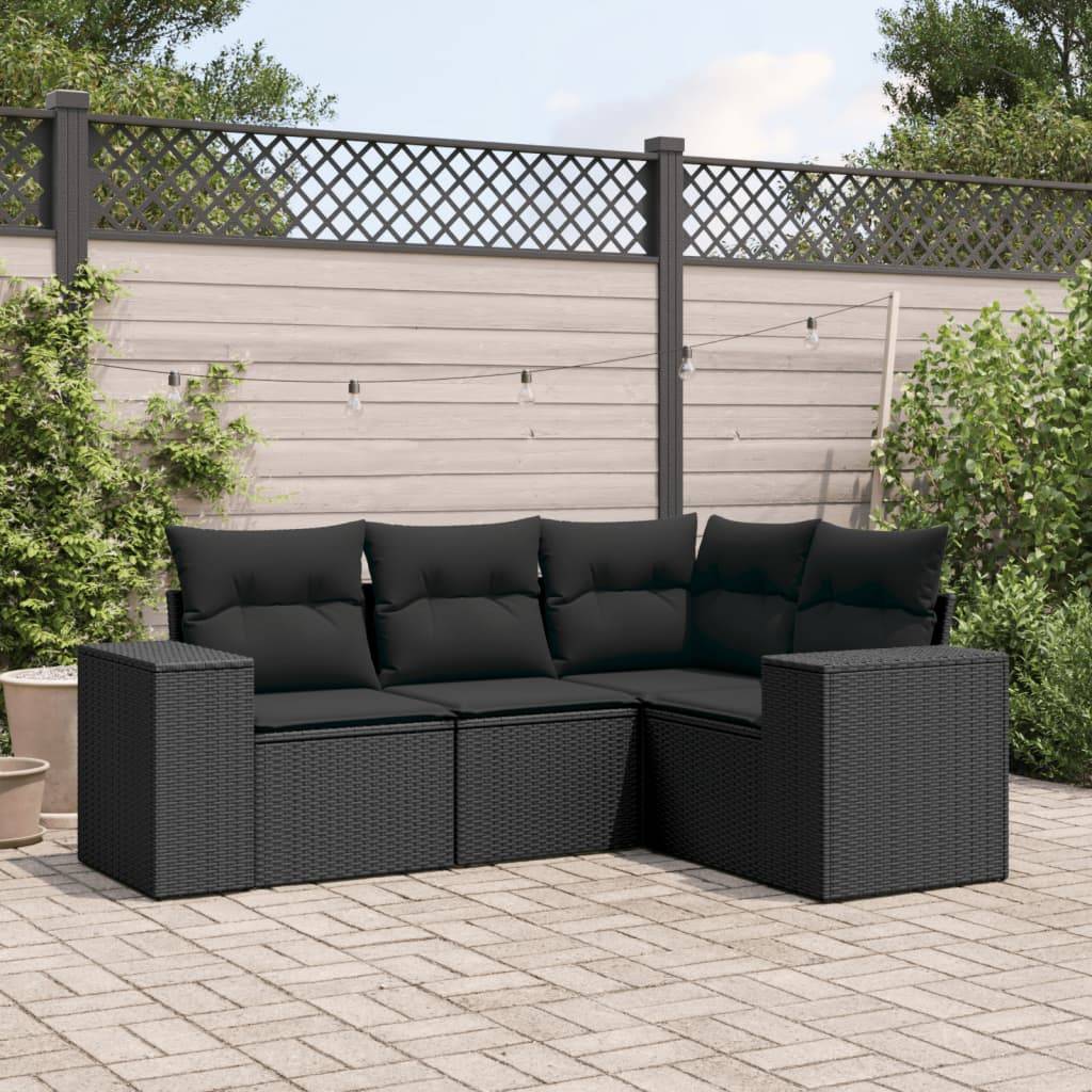 vidaXL 4-tlg. Garten-Sofagarnitur mit Kissen Schwarz Poly Rattan