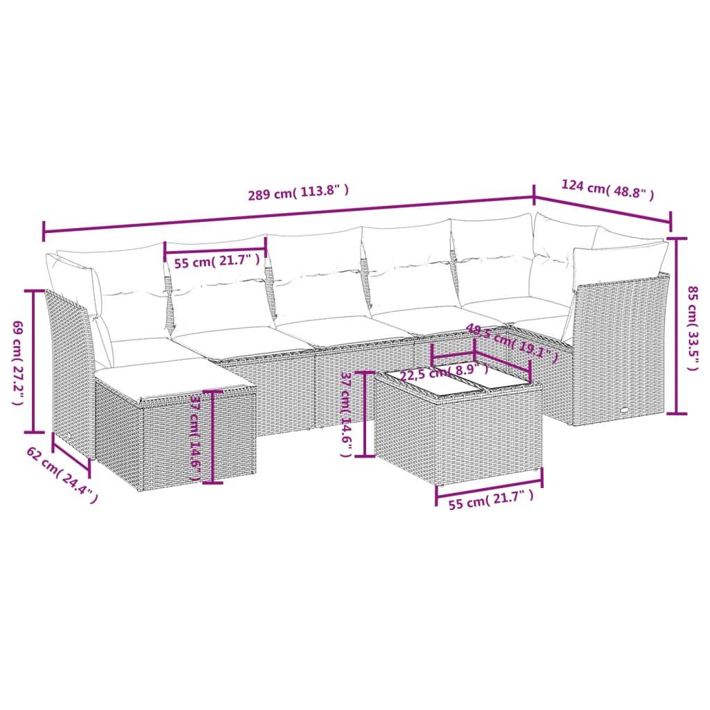 vidaXL 8-tlg. Garten-Sofagarnitur mit Kissen Grau Poly Rattan