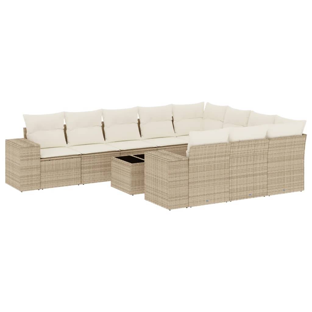 vidaXL 11-tlg. Garten-Sofagarnitur mit Kissen Beige Poly Rattan