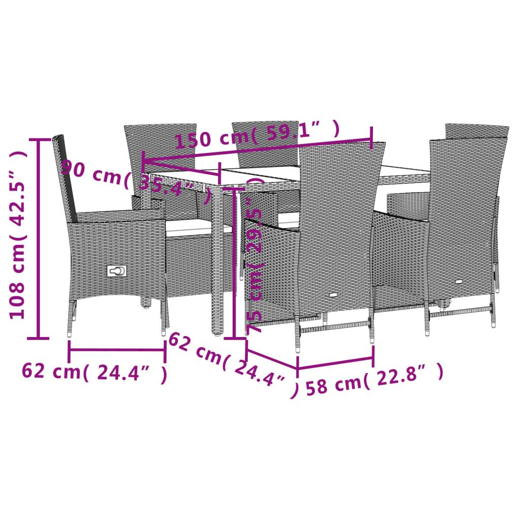 vidaXL 7-tlg. Garten-Essgruppe mit Kissen Beige Poly Rattan