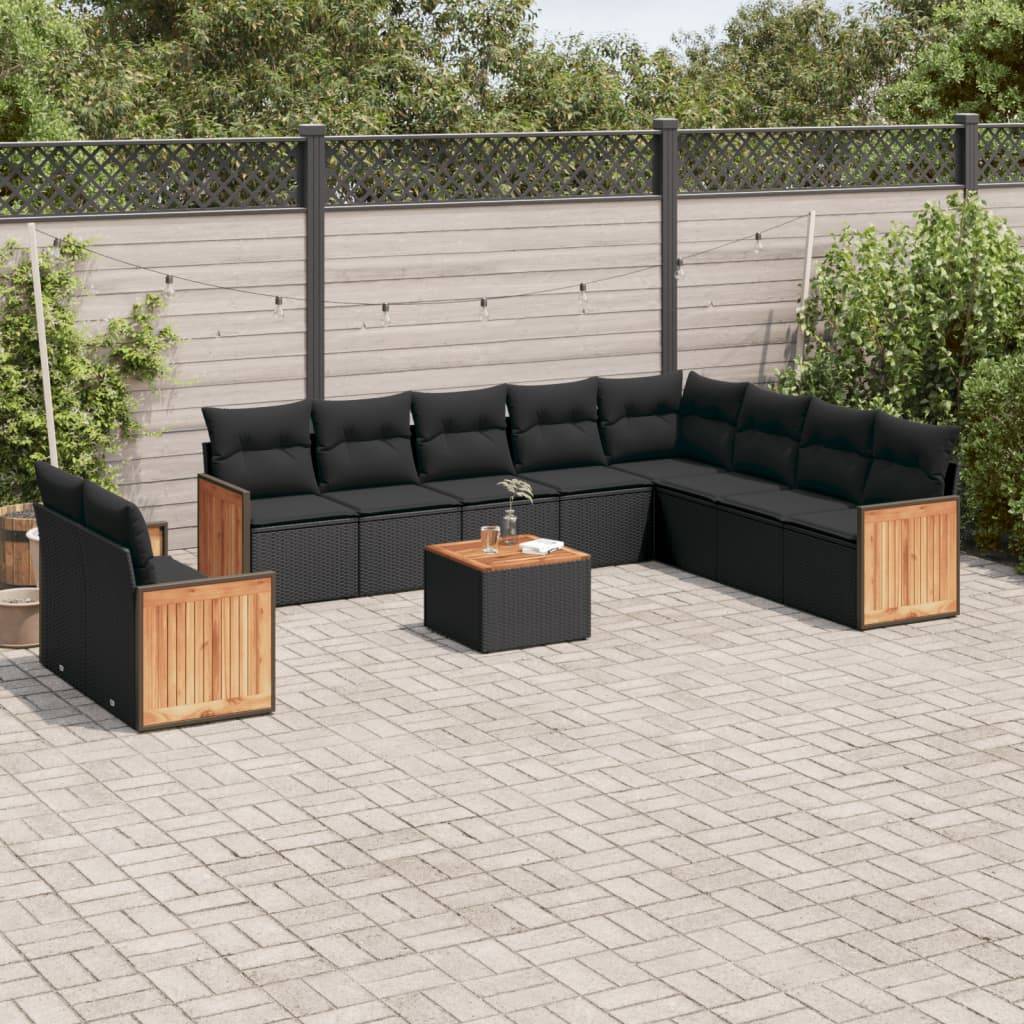 vidaXL 11-tlg. Garten-Sofagarnitur mit Kissen Schwarz Poly Rattan