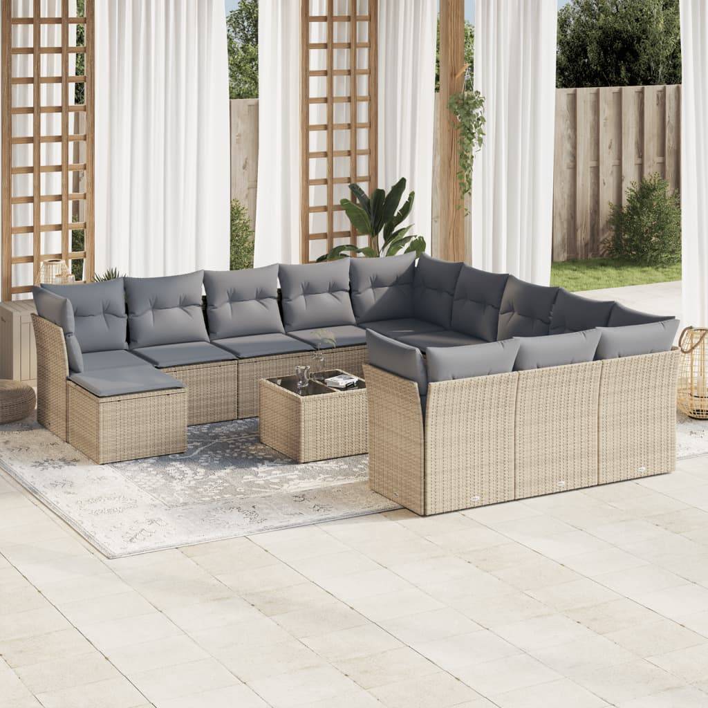 vidaXL 13-tlg. Garten-Sofagarnitur mit Kissen Beige Poly Rattan