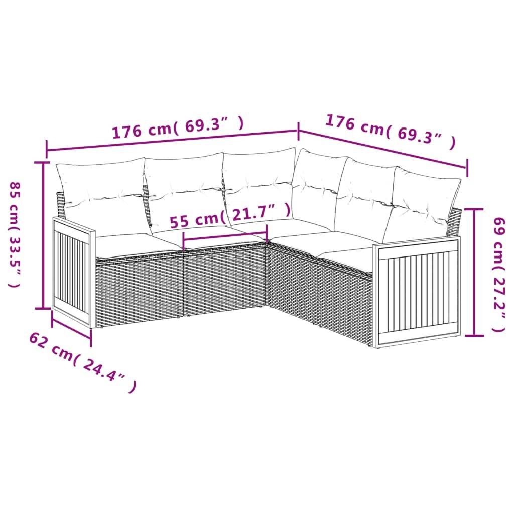 vidaXL 5-teiliges Gartensofa-Set mit Kissen, schwarzes Polyrattan