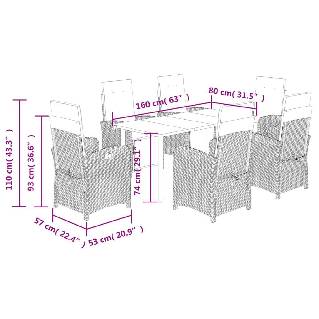 vidaXL 7-tlg. Garten-Essgruppe mit Kissen Grau Poly Rattan