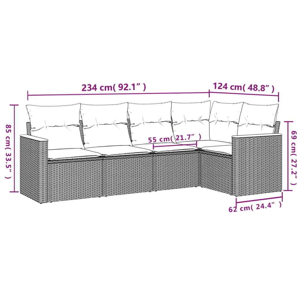 vidaXL 5-teiliges Gartensofa-Set mit Kissen, schwarzes Polyrattan