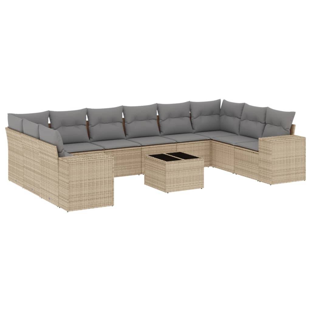 vidaXL 11-tlg. Garten-Sofagarnitur mit Kissen Beige Poly Rattan