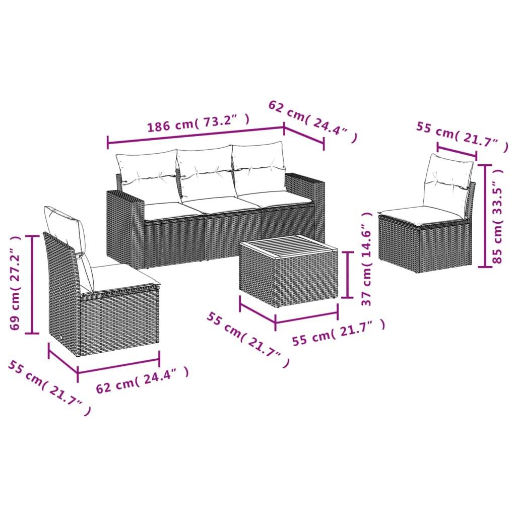 vidaXL 6-tlg. Garten-Sofagarnitur mit Kissen Beige Poly Rattan