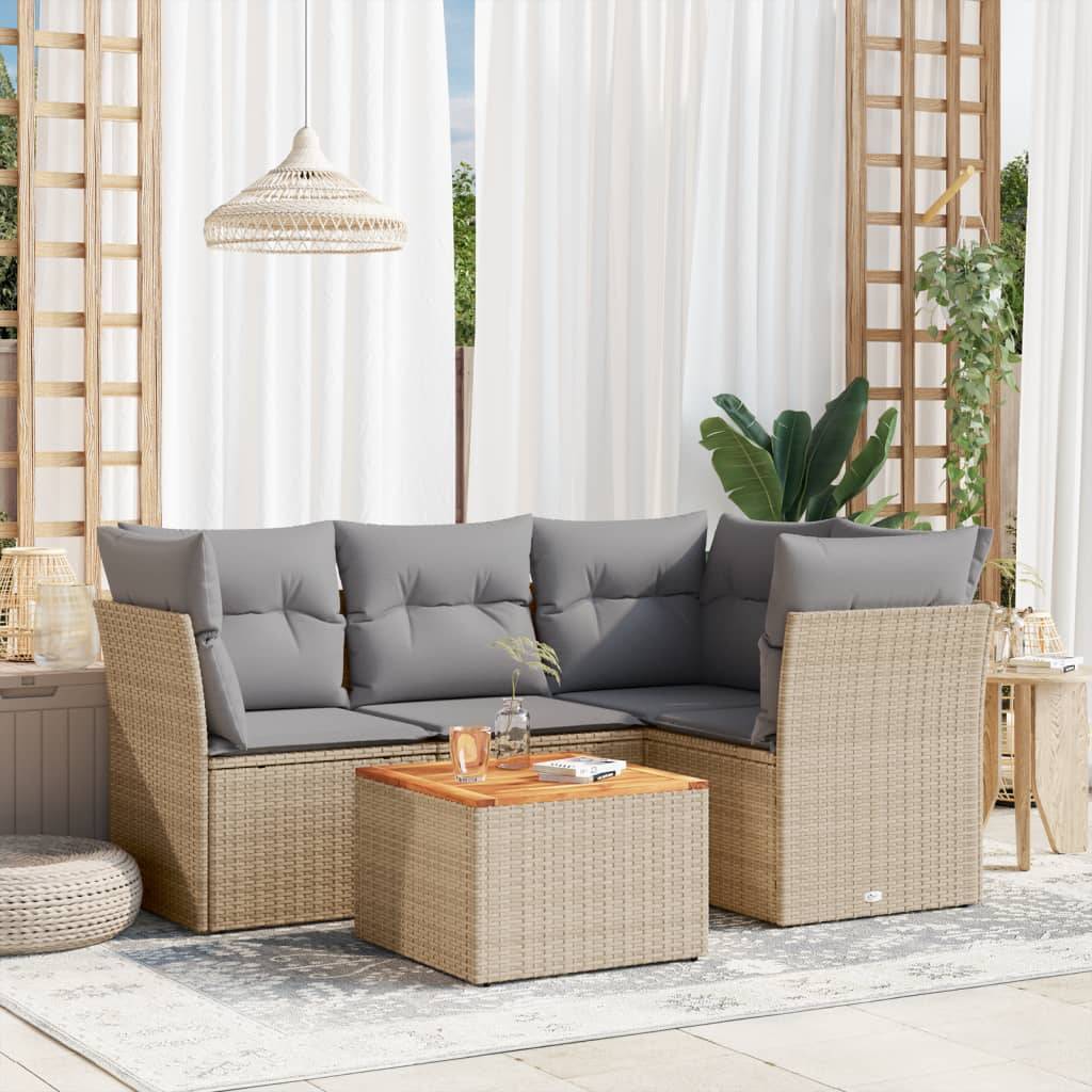 vidaXL 5-tlg. Garten-Sofagarnitur mit Kissen Beige Poly Rattan