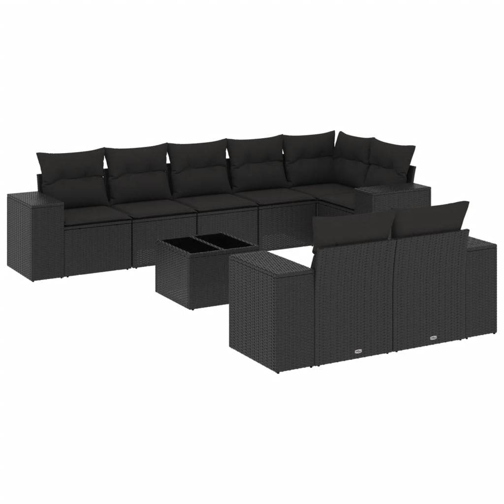 vidaXL 9-tlg. Garten-Sofagarnitur mit Kissen Schwarz Poly Rattan