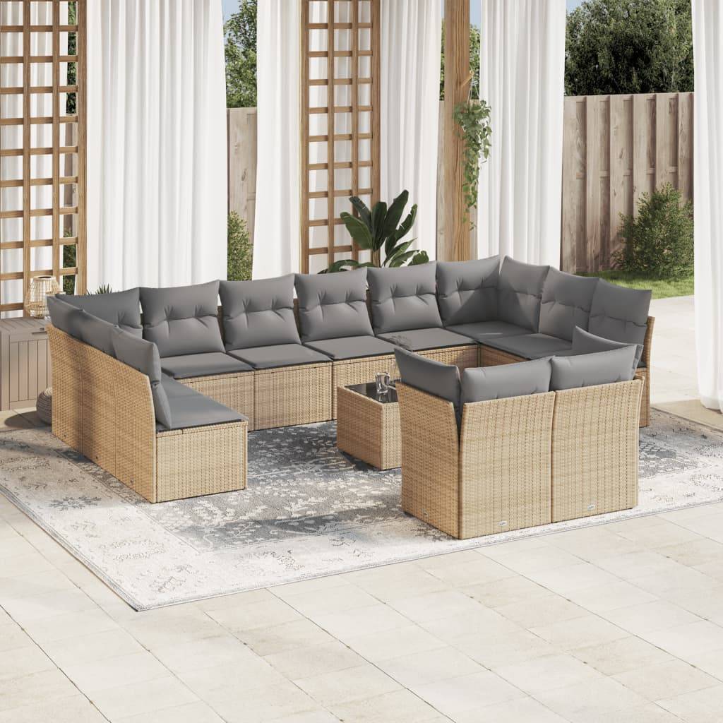 vidaXL 13-tlg. Garten-Sofagarnitur mit Kissen Beige Poly Rattan