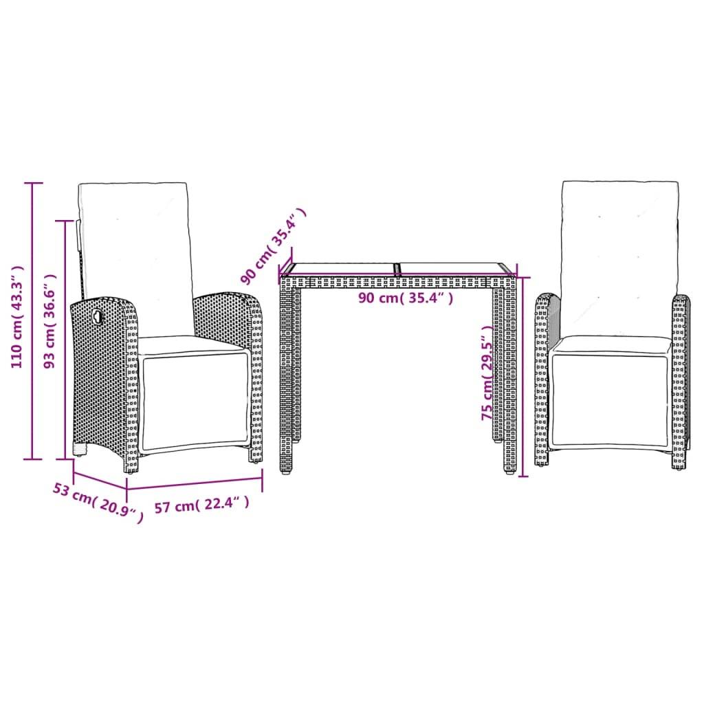vidaXL 3-tlg. Bistro-Set mit Kissen Schwarz Poly Rattan