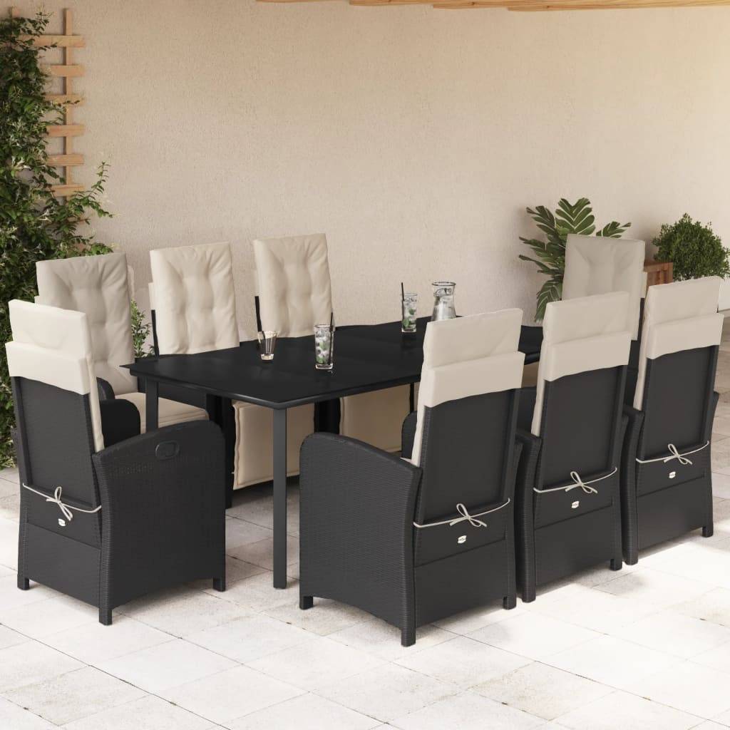 vidaXL 9-tlg. Garten-Essgruppe mit Kissen Schwarz Poly Rattan