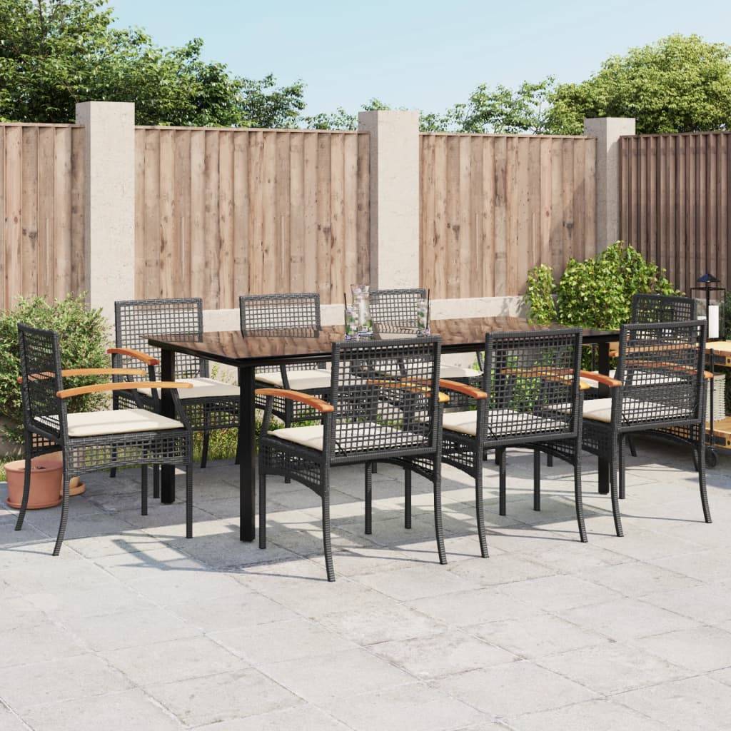 vidaXL 9-tlg. Garten-Essgruppe mit Kissen Schwarz Poly Rattan