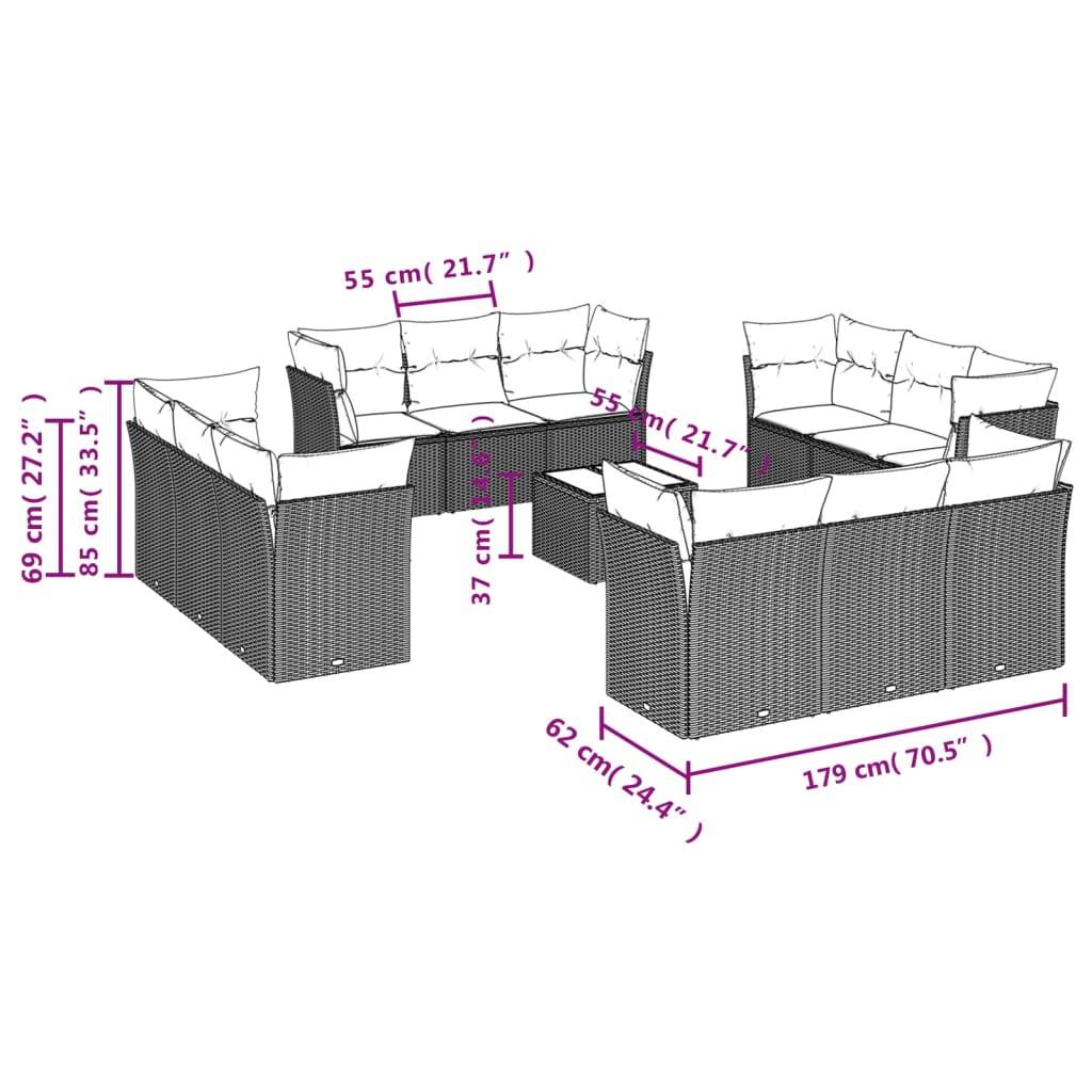 vidaXL 13-tlg. Garten-Sofagarnitur mit Kissen Grau Poly Rattan