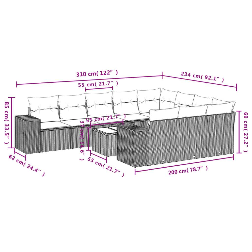vidaXL 11-tlg. Garten-Sofagarnitur mit Kissen Braun Poly Rattan