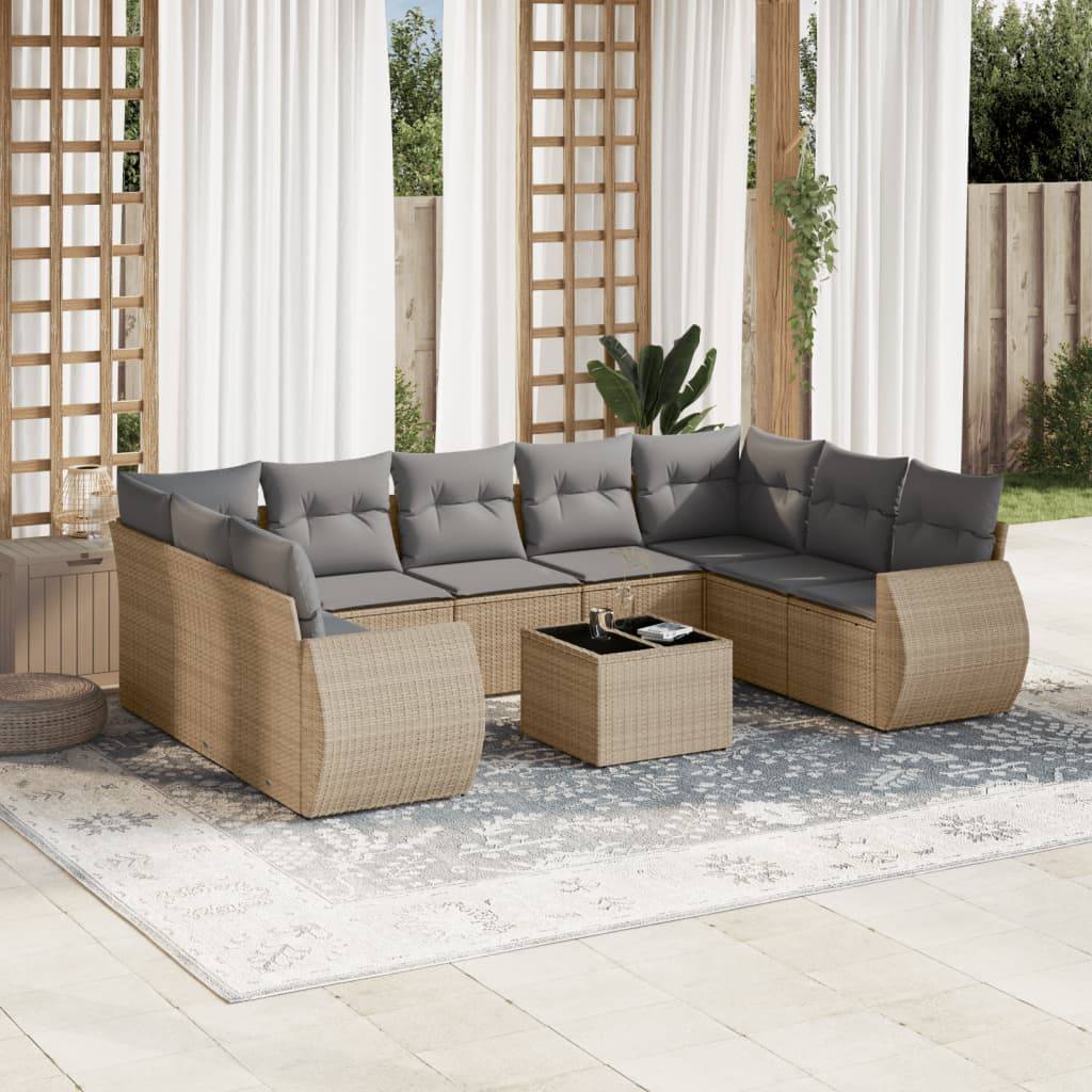 vidaXL 10-tlg. Garten-Sofagarnitur mit Kissen Beige Poly Rattan