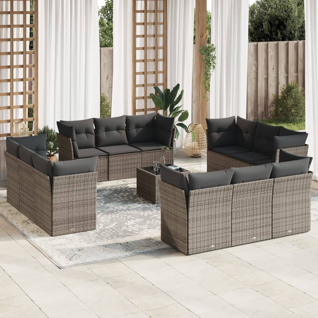 vidaXL 13-tlg. Garten-Sofagarnitur mit Kissen Grau Poly Rattan