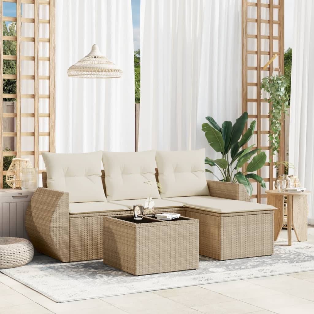 vidaXL 5-tlg. Garten-Sofagarnitur mit Kissen Beige Poly Rattan