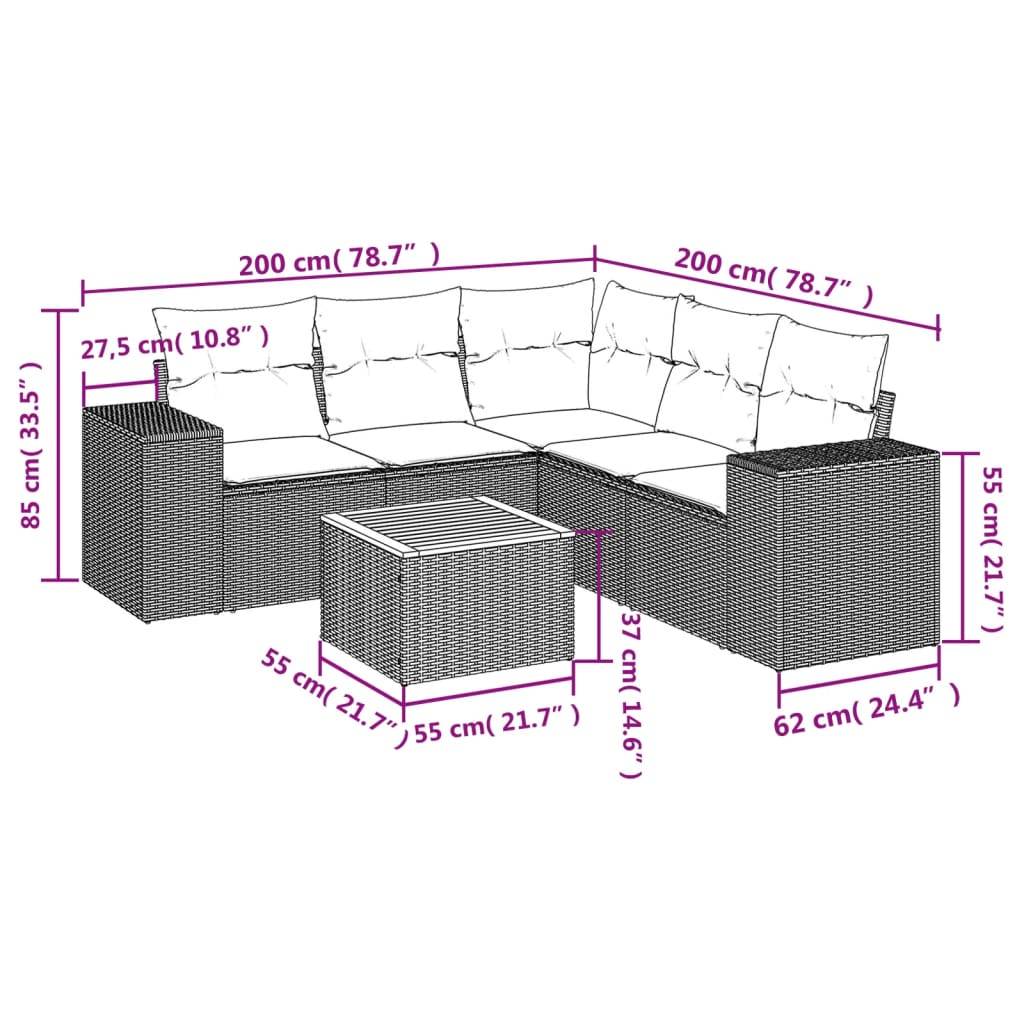 vidaXL 6-tlg. Garten-Sofagarnitur mit Kissen Grau Poly Rattan