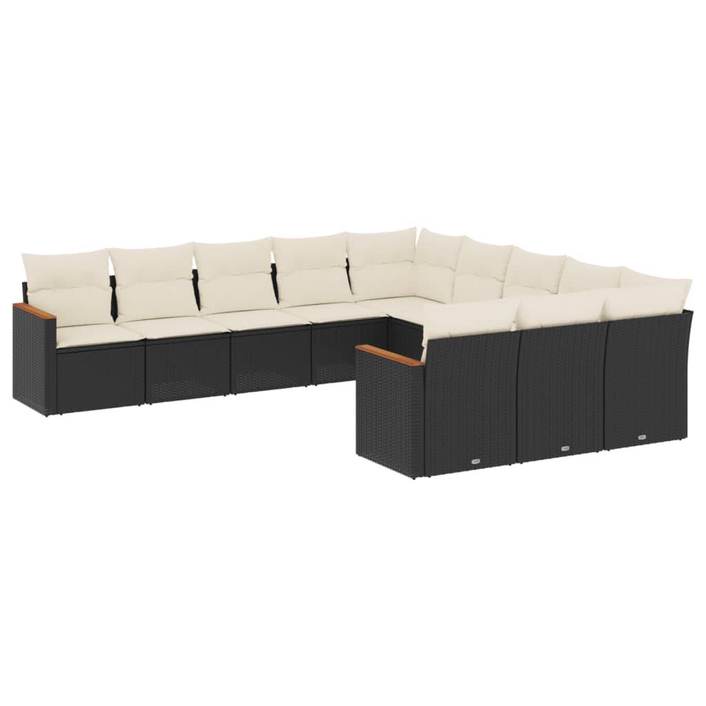 vidaXL 11-tlg. Garten-Sofagarnitur mit Kissen Schwarz Poly Rattan