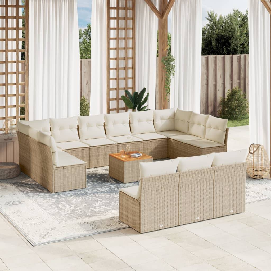vidaXL 14-tlg. Garten-Sofagarnitur mit Kissen Beige Poly Rattan