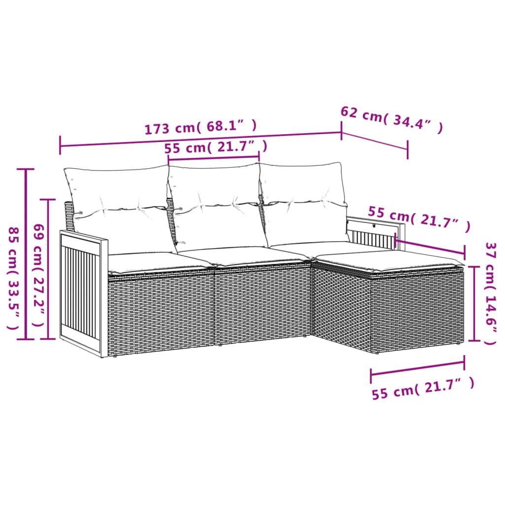 vidaXL 4-teiliges Gartensofa-Set mit Kissen, grau, Polyrattan