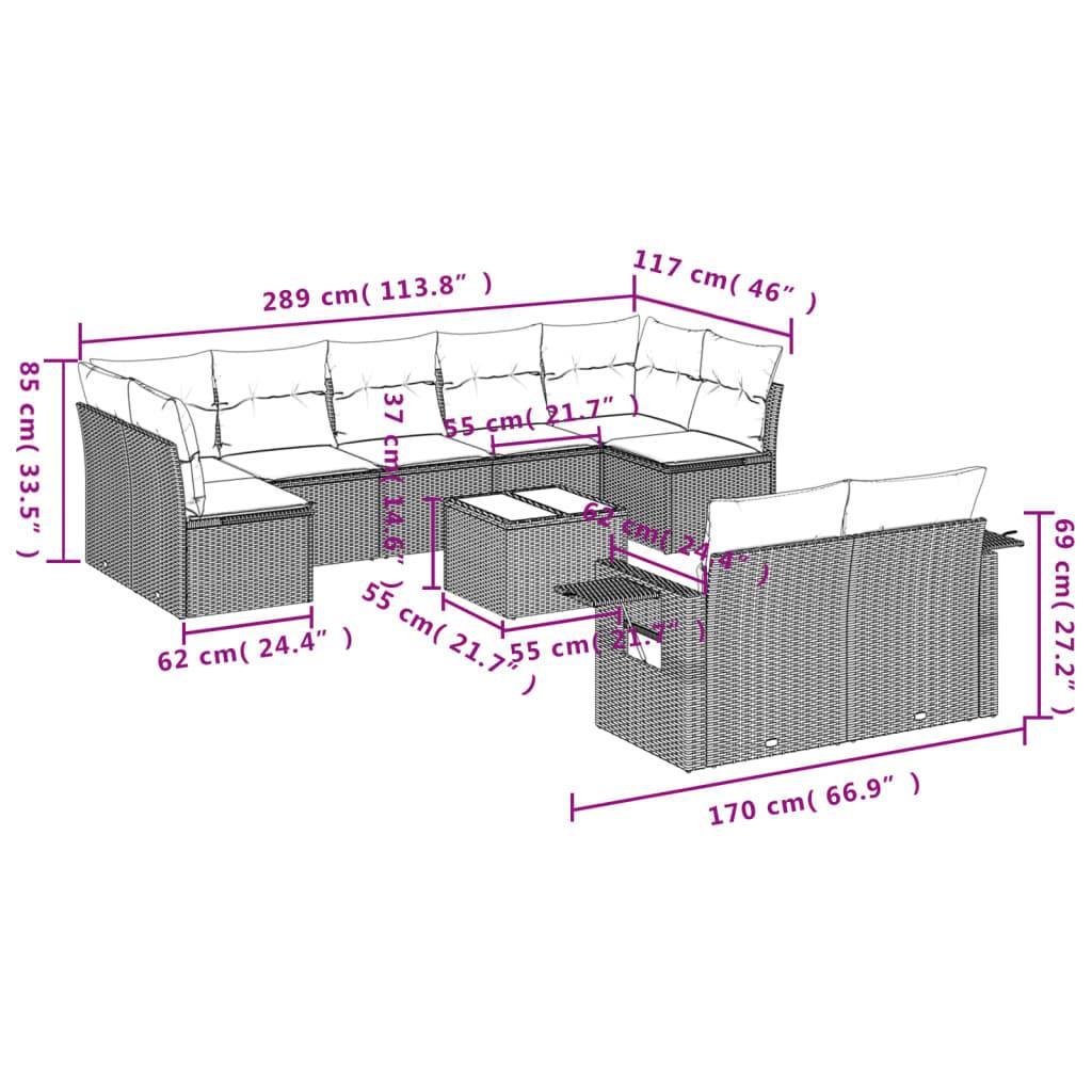 vidaXL 10-tlg. Garten-Sofagarnitur mit Kissen Grau Poly Rattan