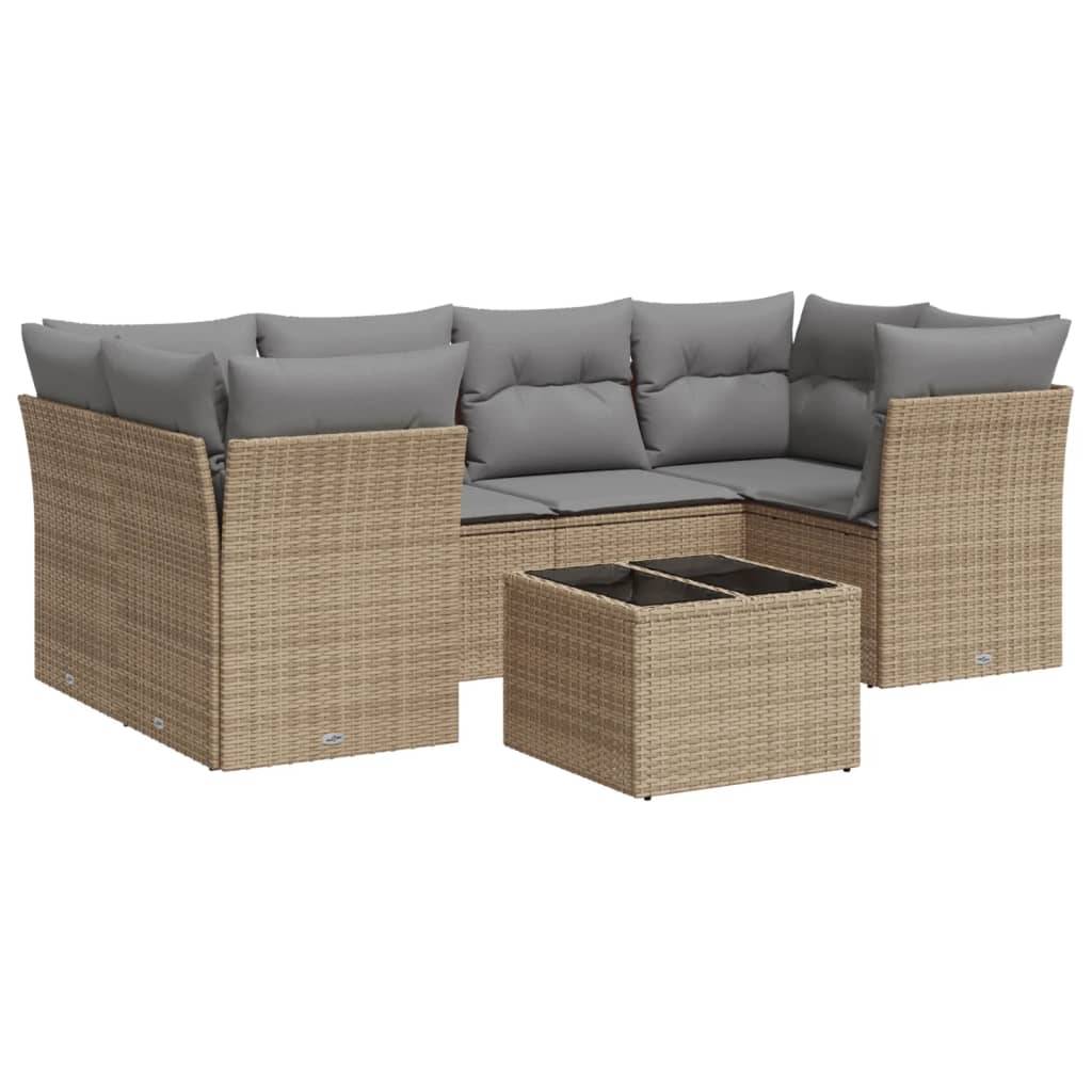 vidaXL 7-tlg. Garten-Sofagarnitur mit Kissen Beige Poly Rattan