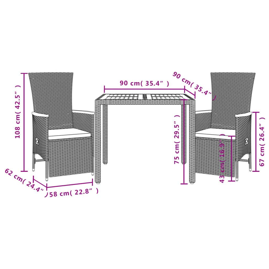 vidaXL 3-tlg. Garten-Essgruppe mit Kissen Schwarz Poly Rattan