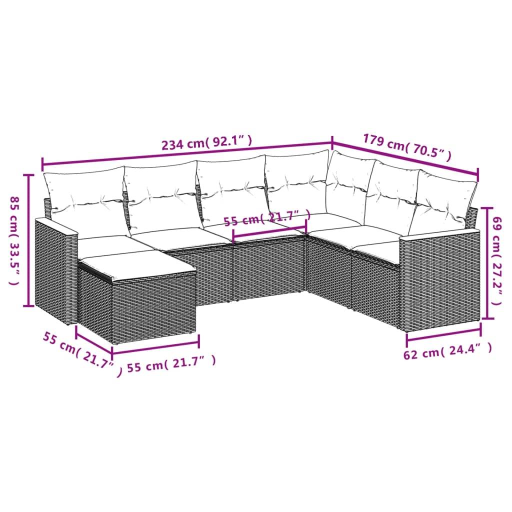 vidaXL 7-teiliges Gartensofa-Set mit Kissen, schwarzes Polyrattan