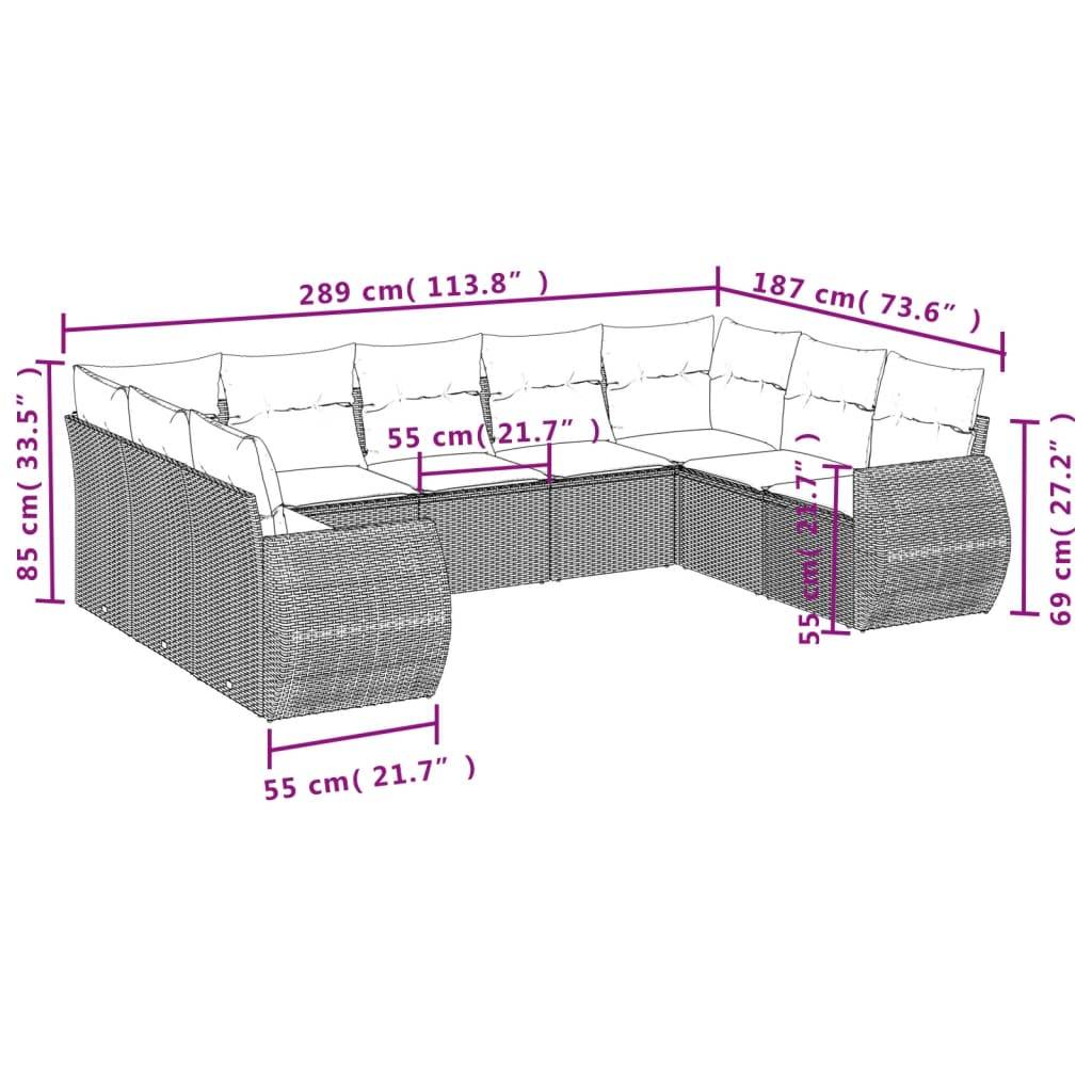 vidaXL 9-teiliges Gartensofa-Set mit Kissen, grau, Polyrattan