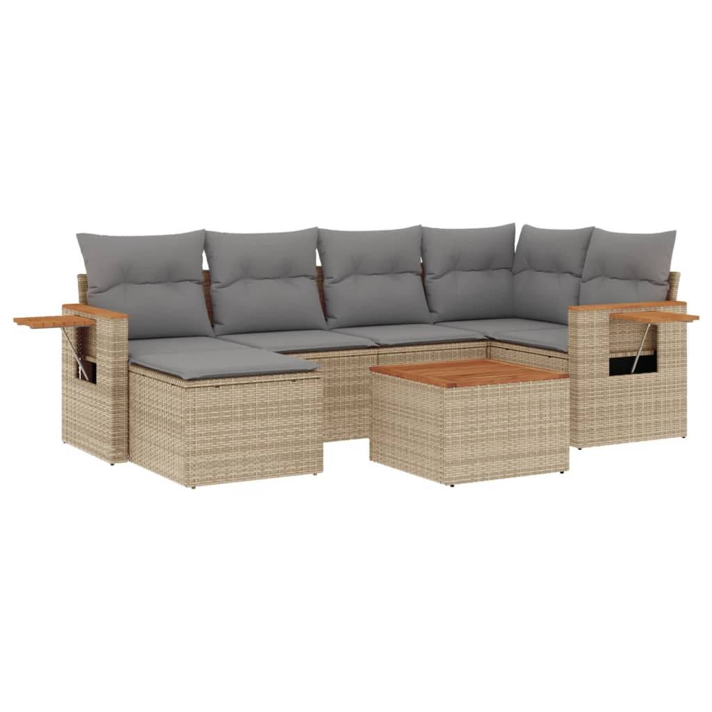 vidaXL 7-tlg. Garten-Sofagarnitur mit Kissen Beige Poly Rattan