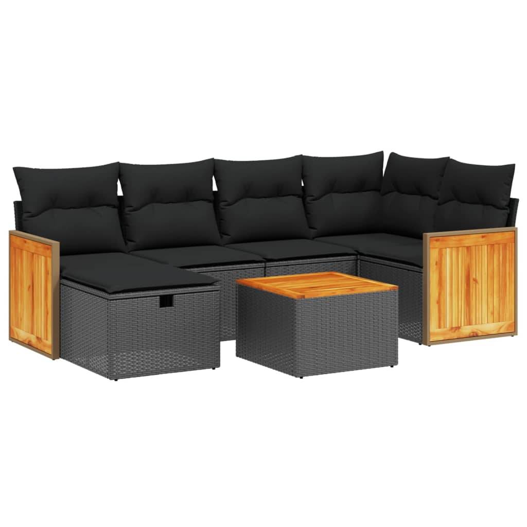 vidaXL 7-tlg. Garten-Sofagarnitur mit Kissen Schwarz Poly Rattan