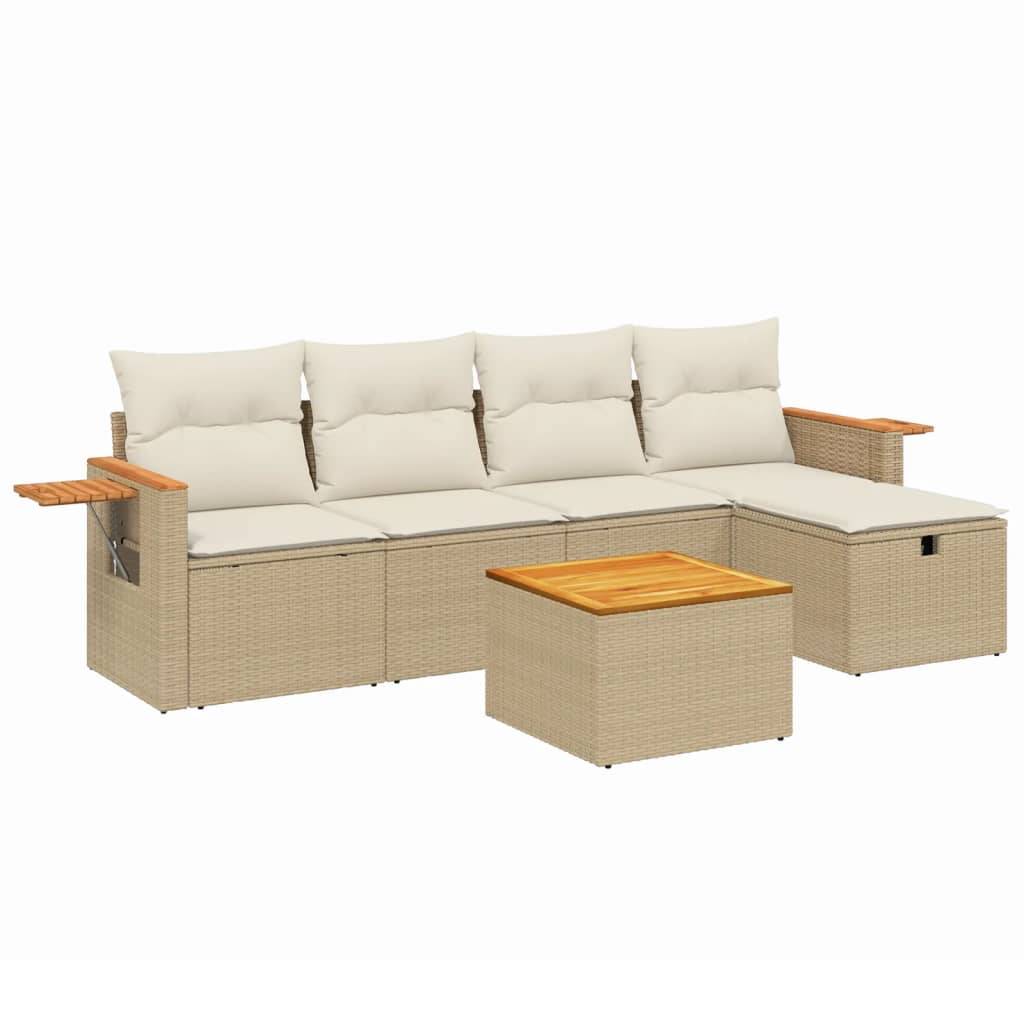 vidaXL 6-tlg. Garten-Sofagarnitur mit Kissen Beige Poly Rattan