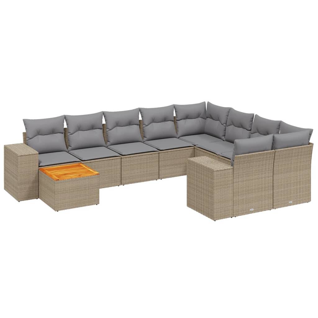 vidaXL 11-tlg. Garten-Sofagarnitur mit Kissen Beige Poly Rattan