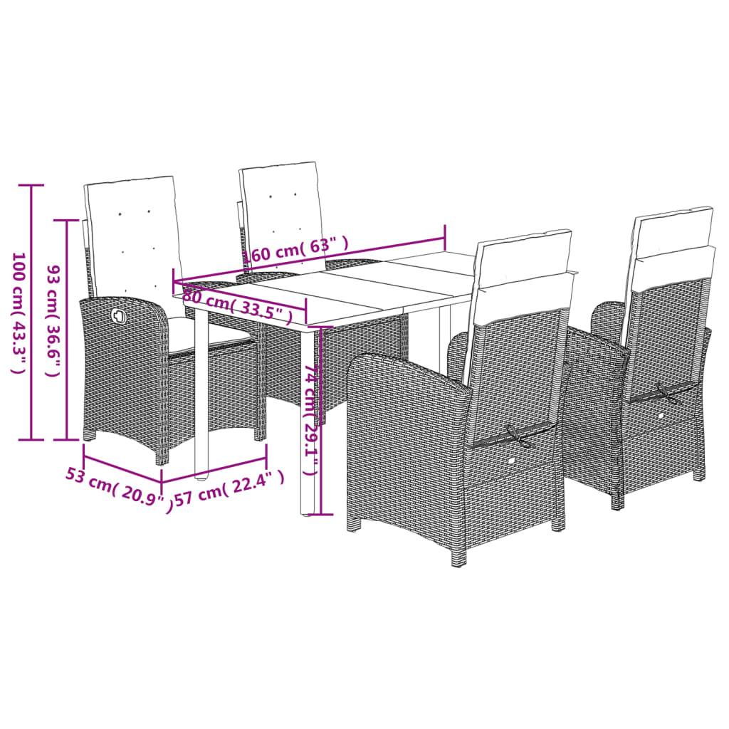 vidaXL 5-tlg. Garten-Essgruppe mit Kissen Braun Poly Rattan