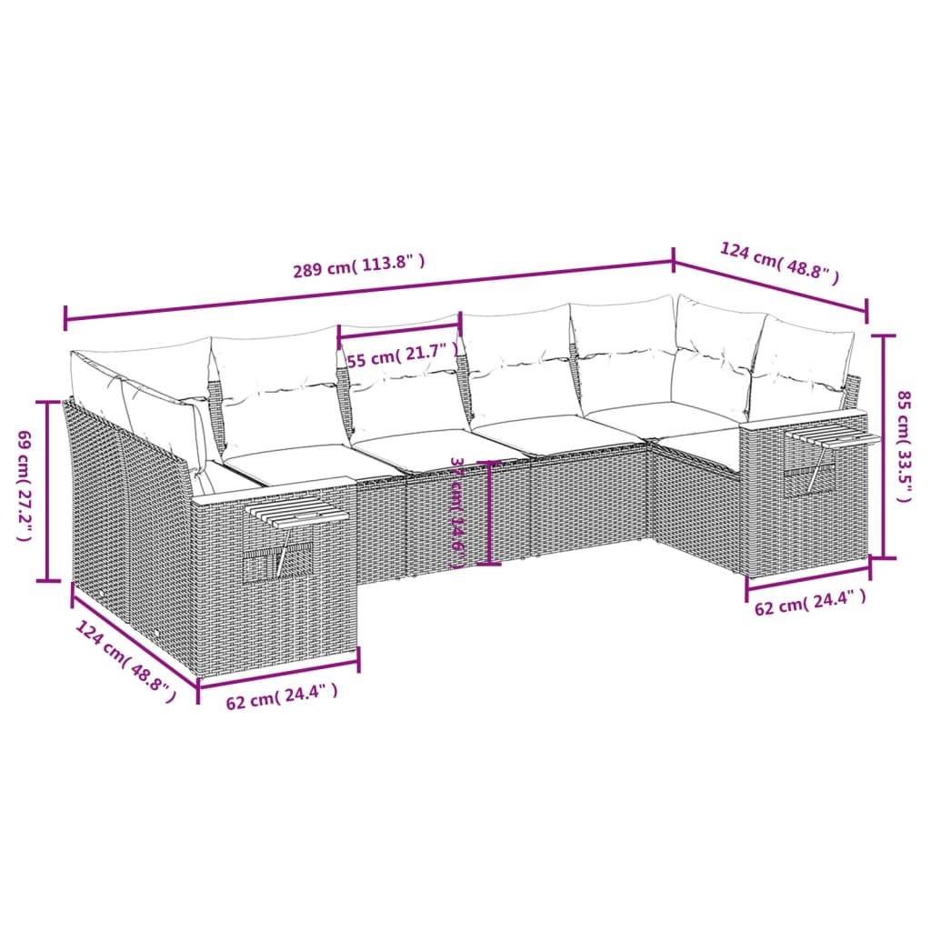 vidaXL 7-tlg. Garten-Sofagarnitur mit Kissen Schwarz Poly Rattan