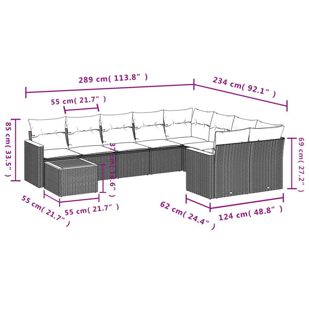 vidaXL 10-teiliges Gartensofa-Set mit Kissen, grau, Polyrattan