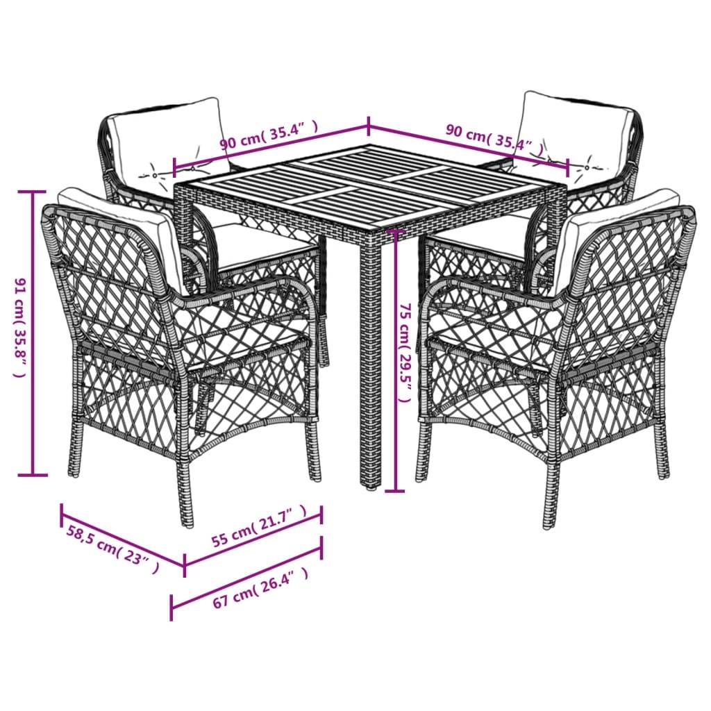 vidaXL 5-tlg. Garten-Essgruppe mit Kissen Grau Poly Rattan