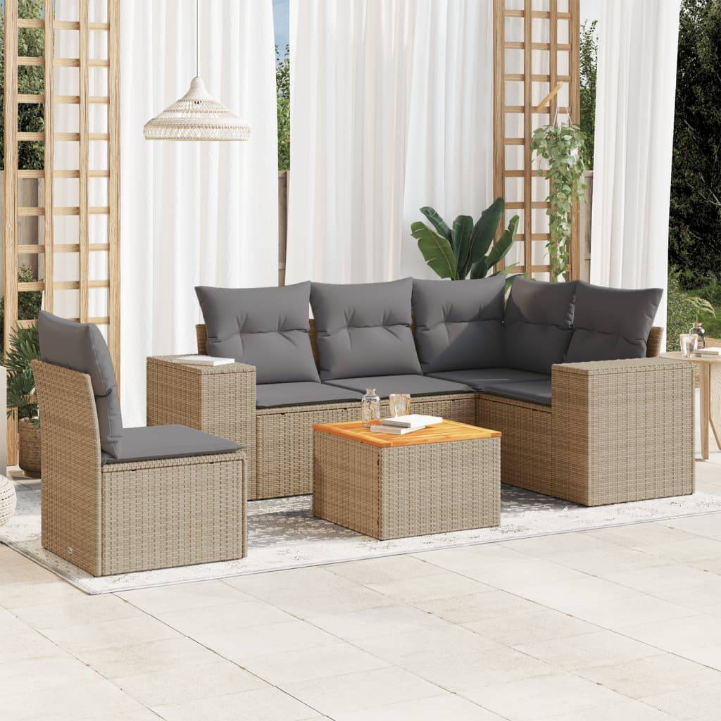 vidaXL 6-tlg. Garten-Sofagarnitur mit Kissen Beige Poly Rattan